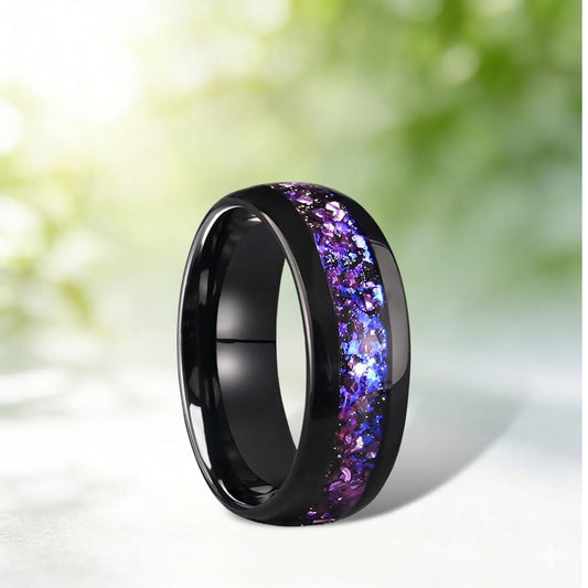 8mm Black Tungsten Wedding Band | Purple Crystal Blue Nebula Design