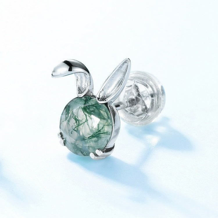 Natural Round Cut Moss Agate Rabbit Studs Bunny Earrings