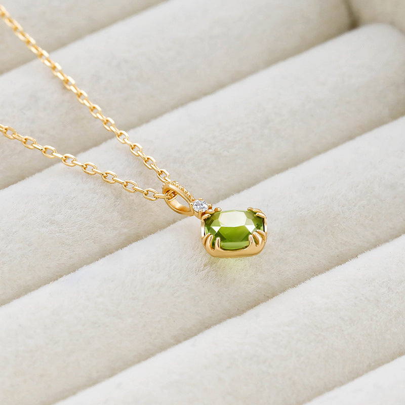 Vintage Cushion Cut Green Peridot Pendant Necklace in Solid Gold 12-Prong