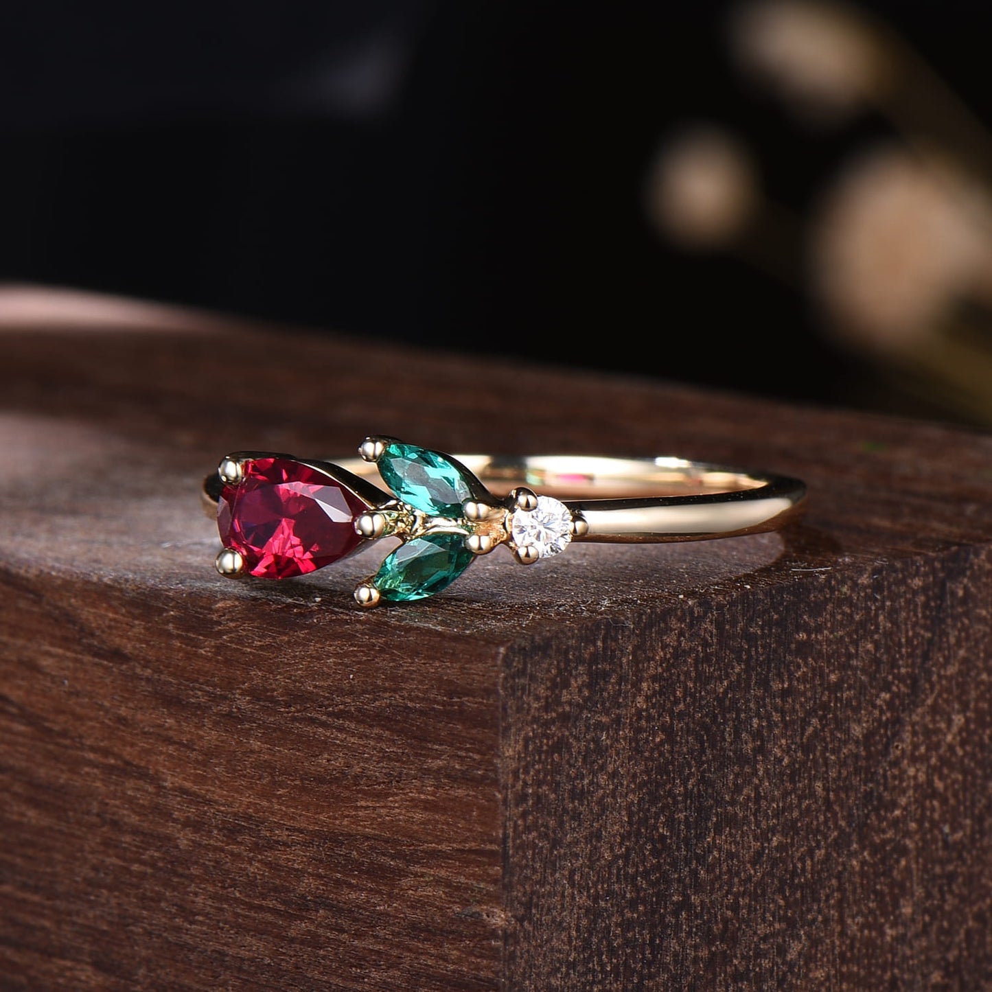 Pear Ruby & Green Emerald Cluster Ring with Marquise Leaf Accents