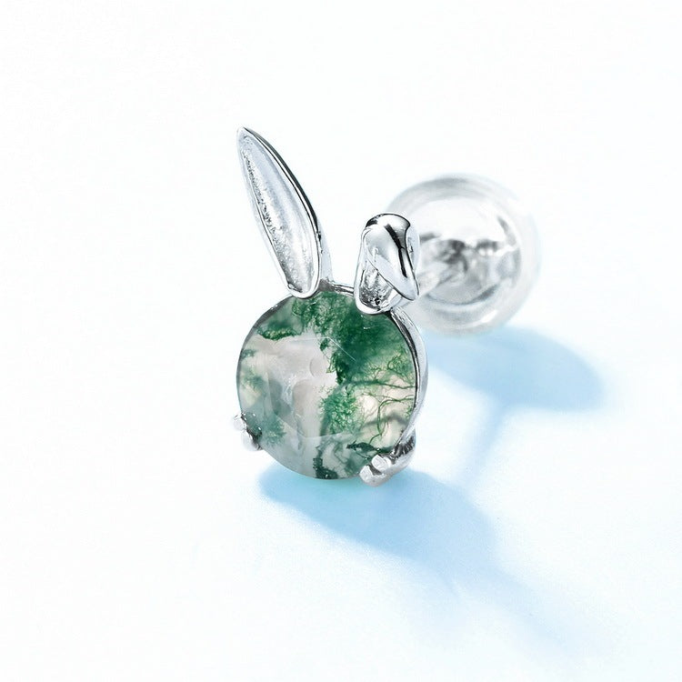 Natural Round Cut Moss Agate Rabbit Studs Bunny Earrings