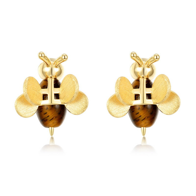 Tiger's Eye Bee Earrings, Hand Brushed Gold Insect Stud Earrings for Women