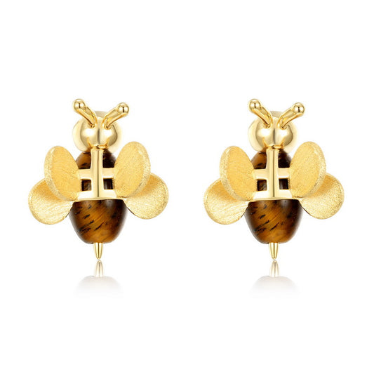 Tiger's Eye Bee Earrings, Hand Brushed Gold Insect Stud Earrings for Women