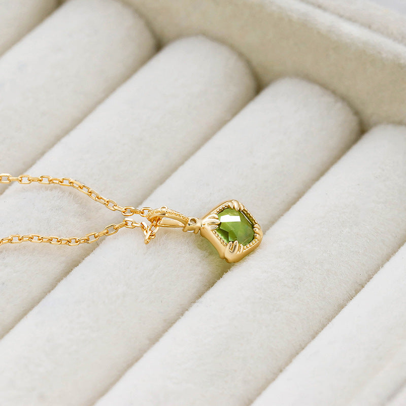 Vintage Cushion Cut Green Peridot Pendant Necklace in Solid Gold 12-Prong