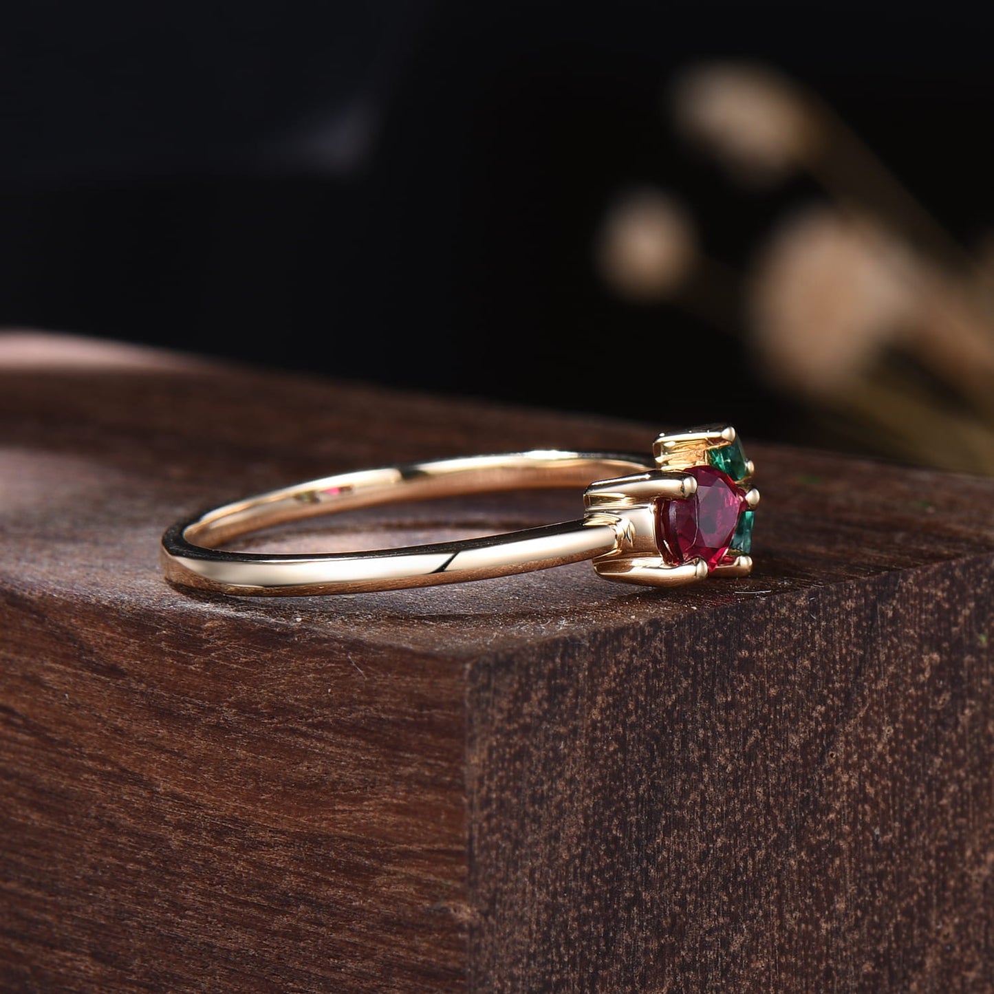Pear Ruby & Green Emerald Cluster Ring with Marquise Leaf Accents