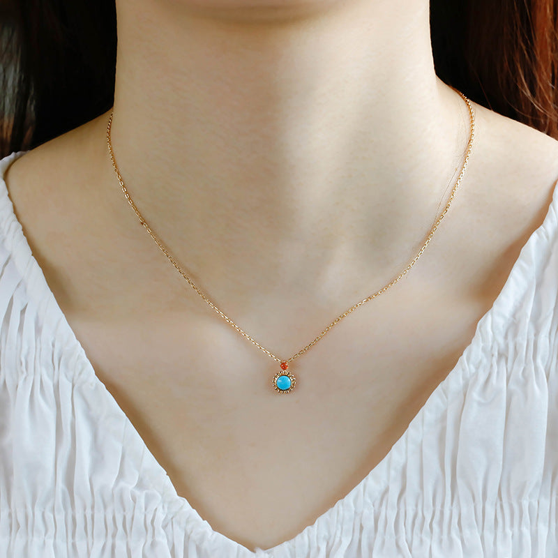 Vintage Milgrain Round Turquoise Pendant with Sunstone Accent