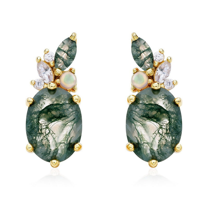 Oval Moss Agate Stud Earrings, Dainty Opal Cluster Jewelry, Botanical Ear Climbers, Forestcore Aesthetic Gift, Unique Bridesmaid Gift