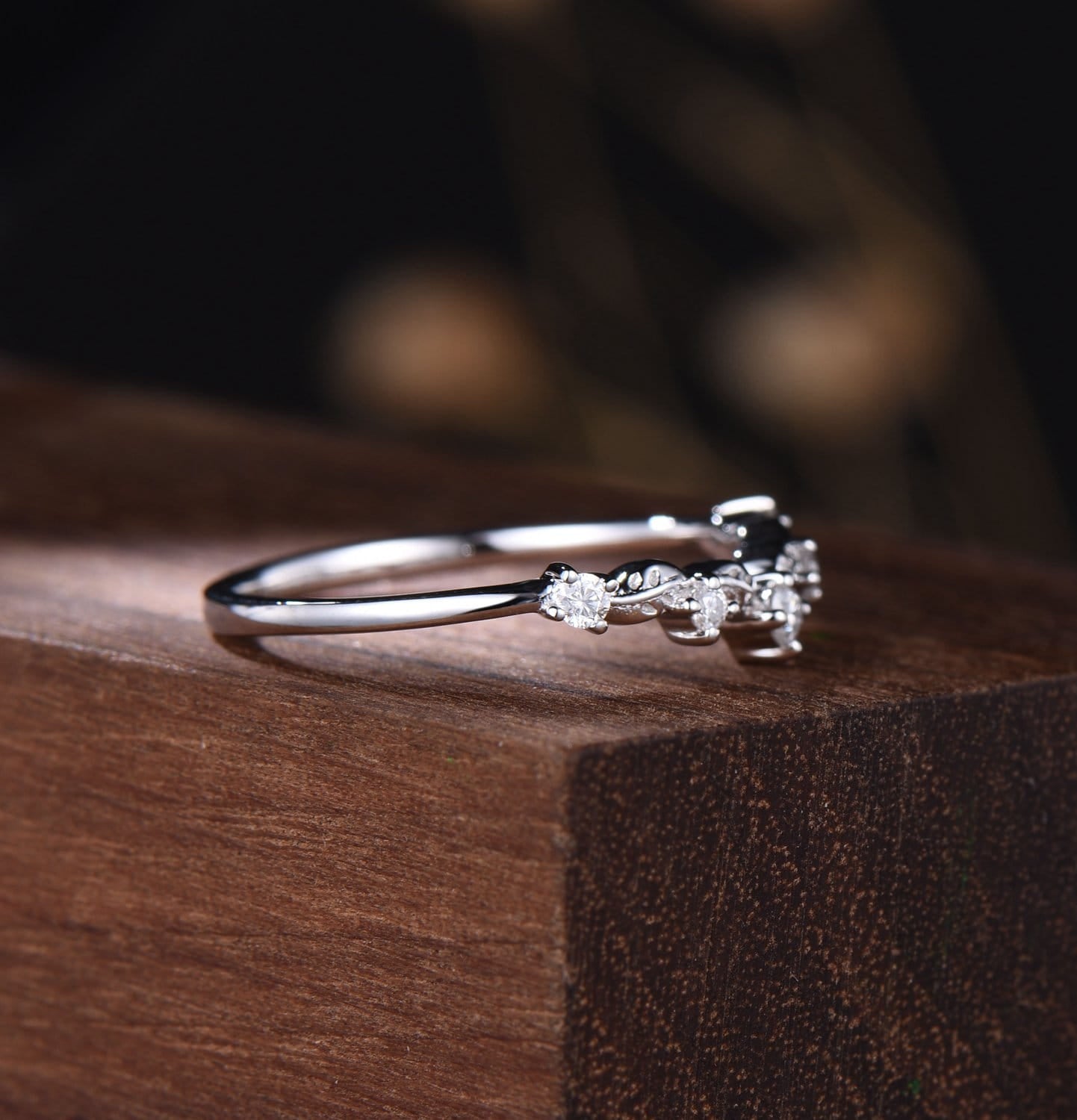 Curved Moissanite Wedding Band | Nature-Inspired Vine Stacking Ring