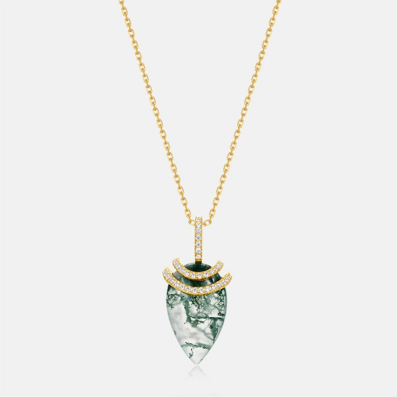 Forest Spirit Moss Agate Teardrop Necklace with Sparkling Pavé Crescent Accents