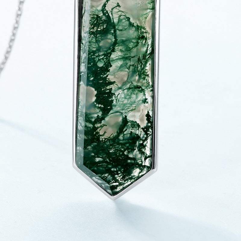 Unique Natural Green Moss Stone Hexagon Pendant Necklace
