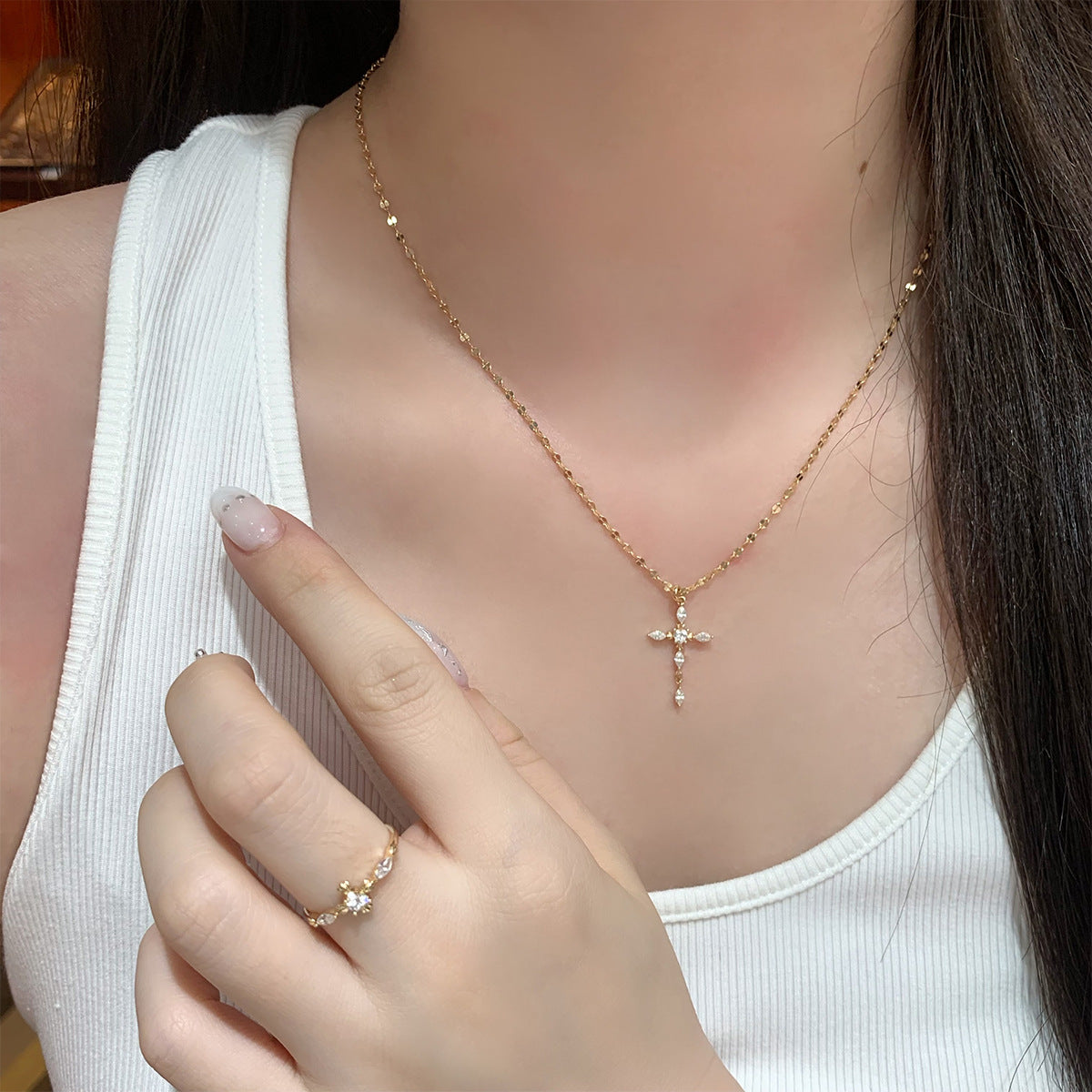 Dainty Marquise & Heart Cut Moissanite Cross Necklace