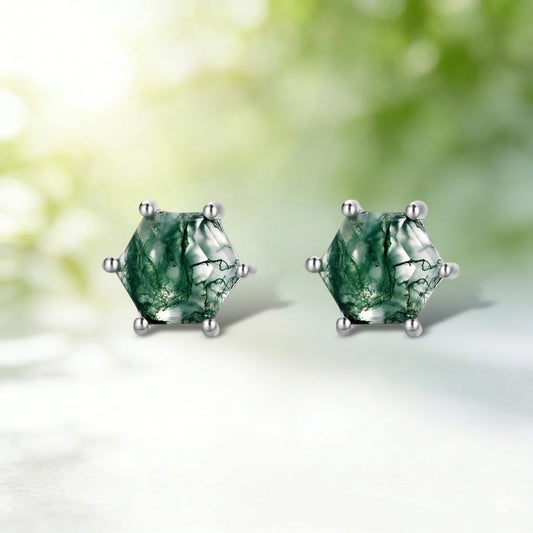 Minimalist Hexagon Cut Moss Agate Stud Earrings Claw Setting