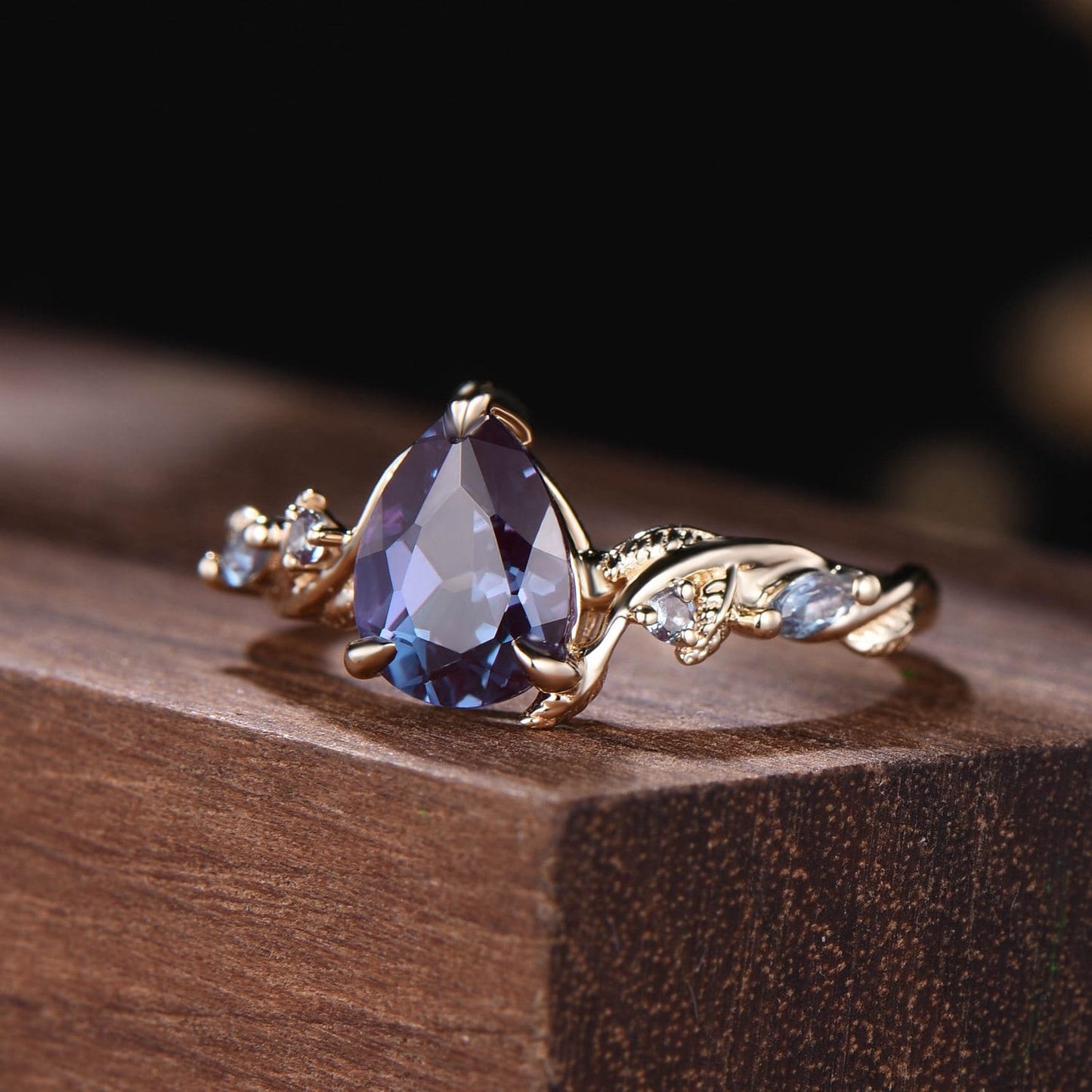 Nature Inspired Pear Shaped Alexandrite Engagement Ring | Twist Leaf Vine Marquise Wedding Promise Ring