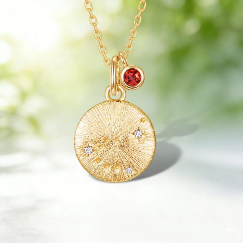 Capricorn Constellation Necklace | Garnet Birthstone Zodiac Pendant | Hand-Brushed Gold Coin Astrology Jewelry