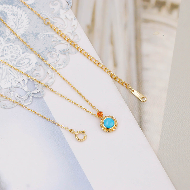 Vintage Milgrain Round Turquoise Pendant with Sunstone Accent