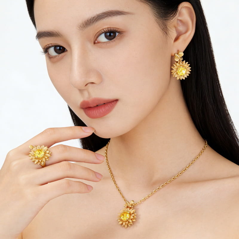 Yellow Gold Plated Sunflower & Bee Pendant Necklace with 5mm Natural Citrine