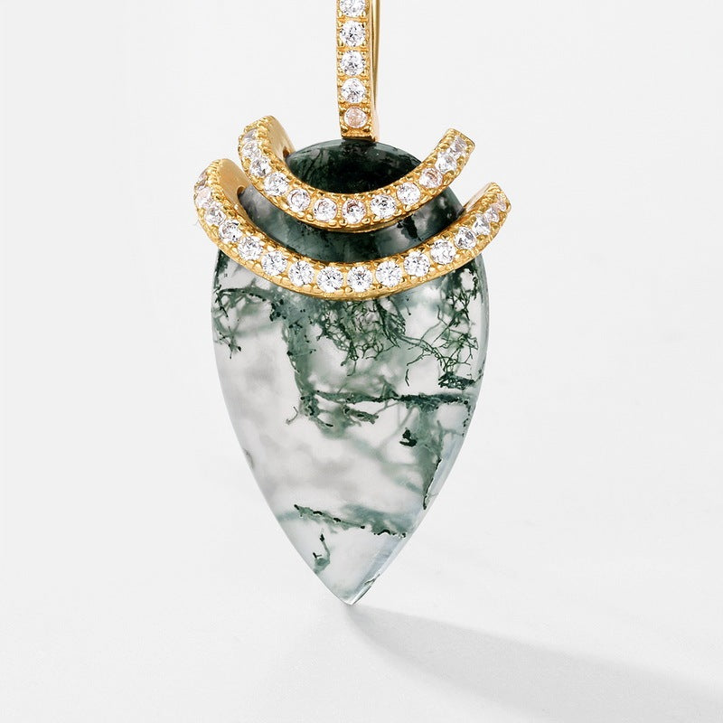 Forest Spirit Moss Agate Teardrop Necklace with Sparkling Pavé Crescent Accents