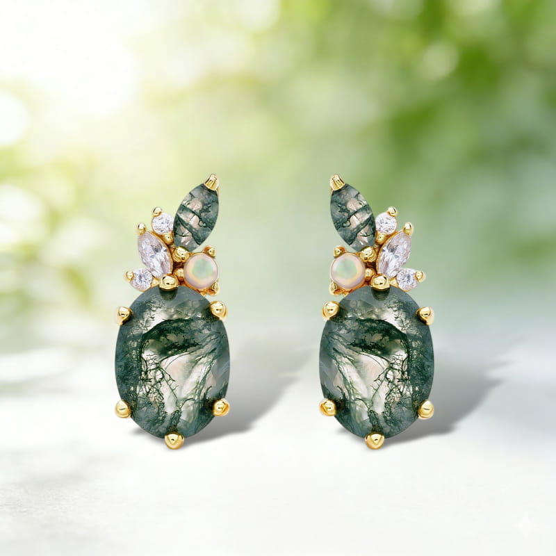 Oval Moss Agate Stud Earrings, Dainty Opal Cluster Jewelry, Botanical Ear Climbers, Forestcore Aesthetic Gift, Unique Bridesmaid Gift