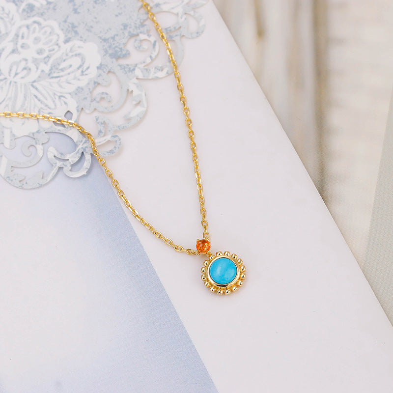 Vintage Milgrain Round Turquoise Pendant with Sunstone Accent