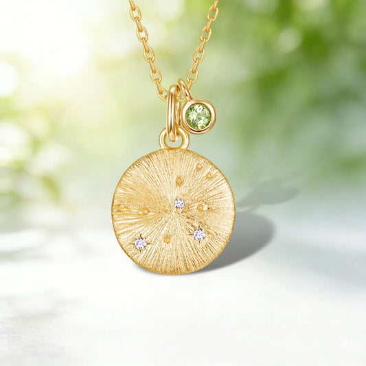 Leo Star Sign Necklace | Peridot Birthstone Zodiac Pendant | Hand-Brushed Gold Astrology Gift