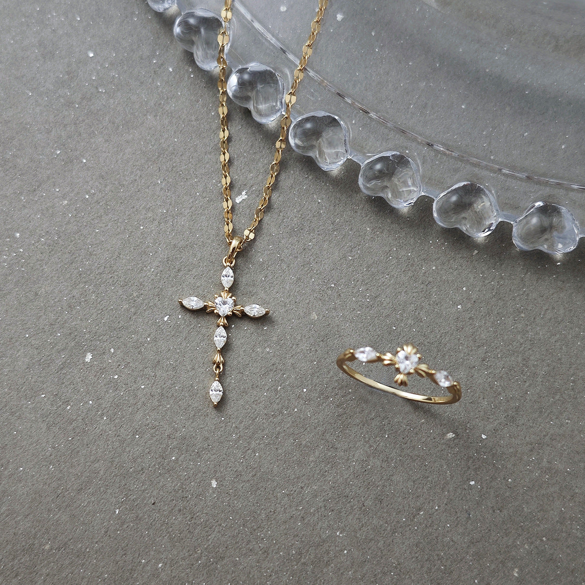 Dainty Marquise & Heart Cut Moissanite Cross Necklace