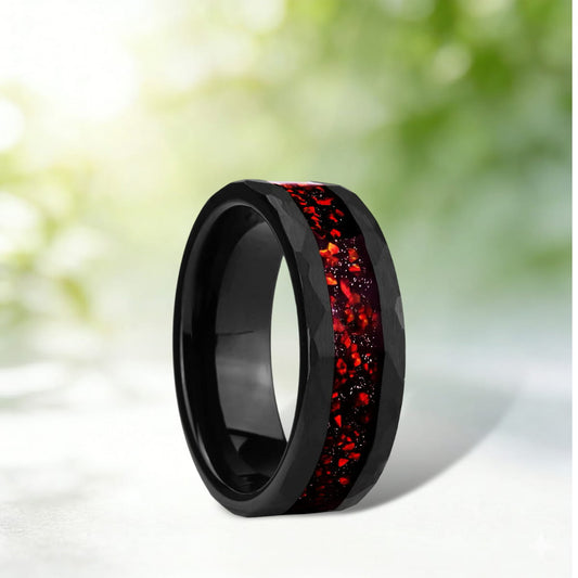 8mm Black Tungsten Ring for Men, Hand Hammered Finish with Red Opal Inlay