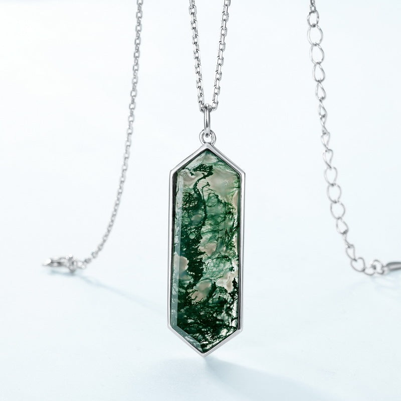 Unique Natural Green Moss Stone Hexagon Pendant Necklace