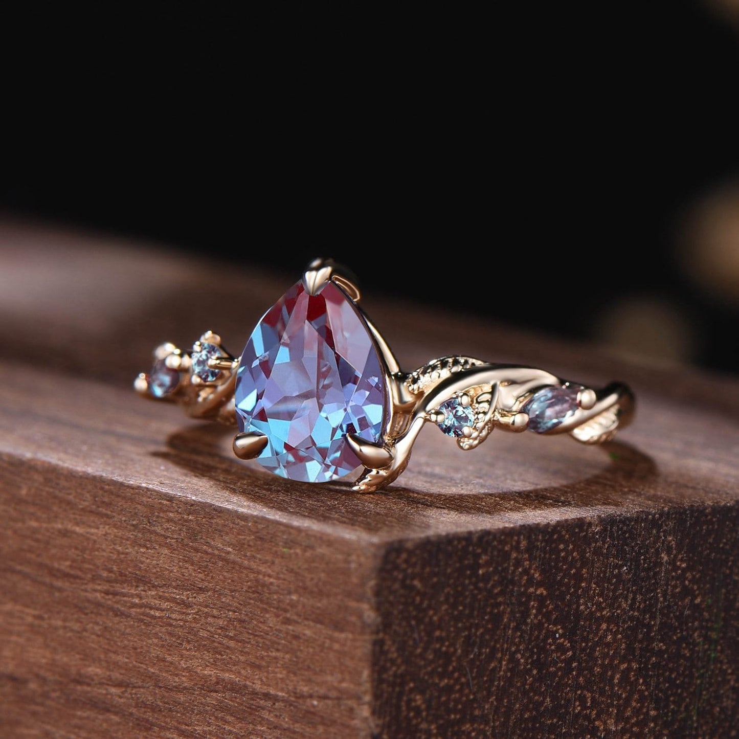 Nature Inspired Pear Shaped Alexandrite Engagement Ring | Twist Leaf Vine Marquise Wedding Promise Ring