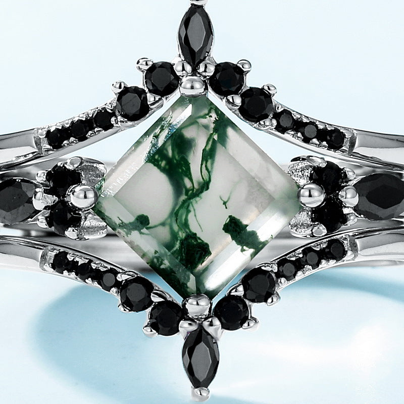 Natural 7mm Princess Cut Moss Agate Engagement Ring, Alternative Bridal Set with Gothic Black Stones