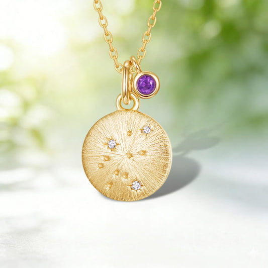 Aquarius Constellation Necklace | Amethyst Birthstone Zodiac Pendant | Brushed Gold Star Sign Charm