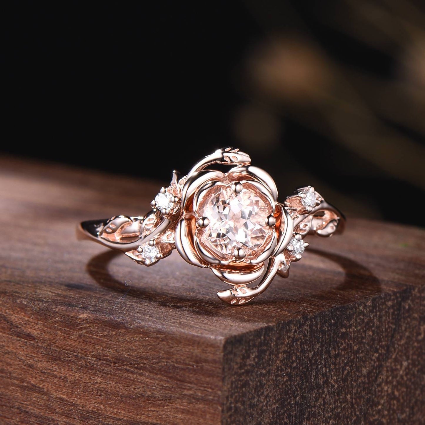 Floral Round Cut Morganite Engagement Ring Rose Gold Ring Nature Inspired Flower Ring