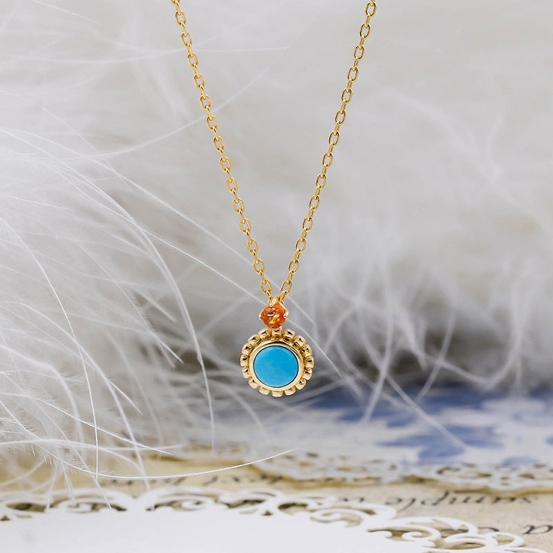 Vintage Milgrain Round Turquoise Pendant with Sunstone Accent