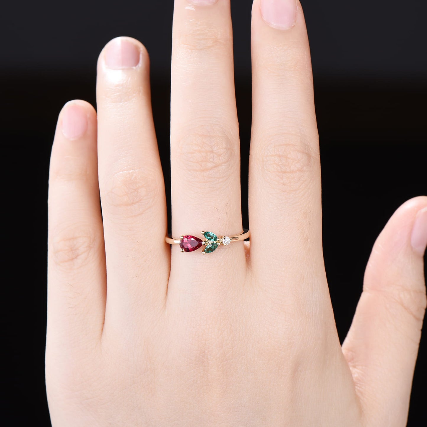 Pear Ruby & Green Emerald Cluster Ring with Marquise Leaf Accents