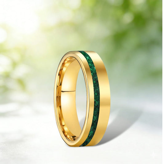 Artisan 6mm Gold Tungsten Carbide Ring | Natural Green Malachite Inlay