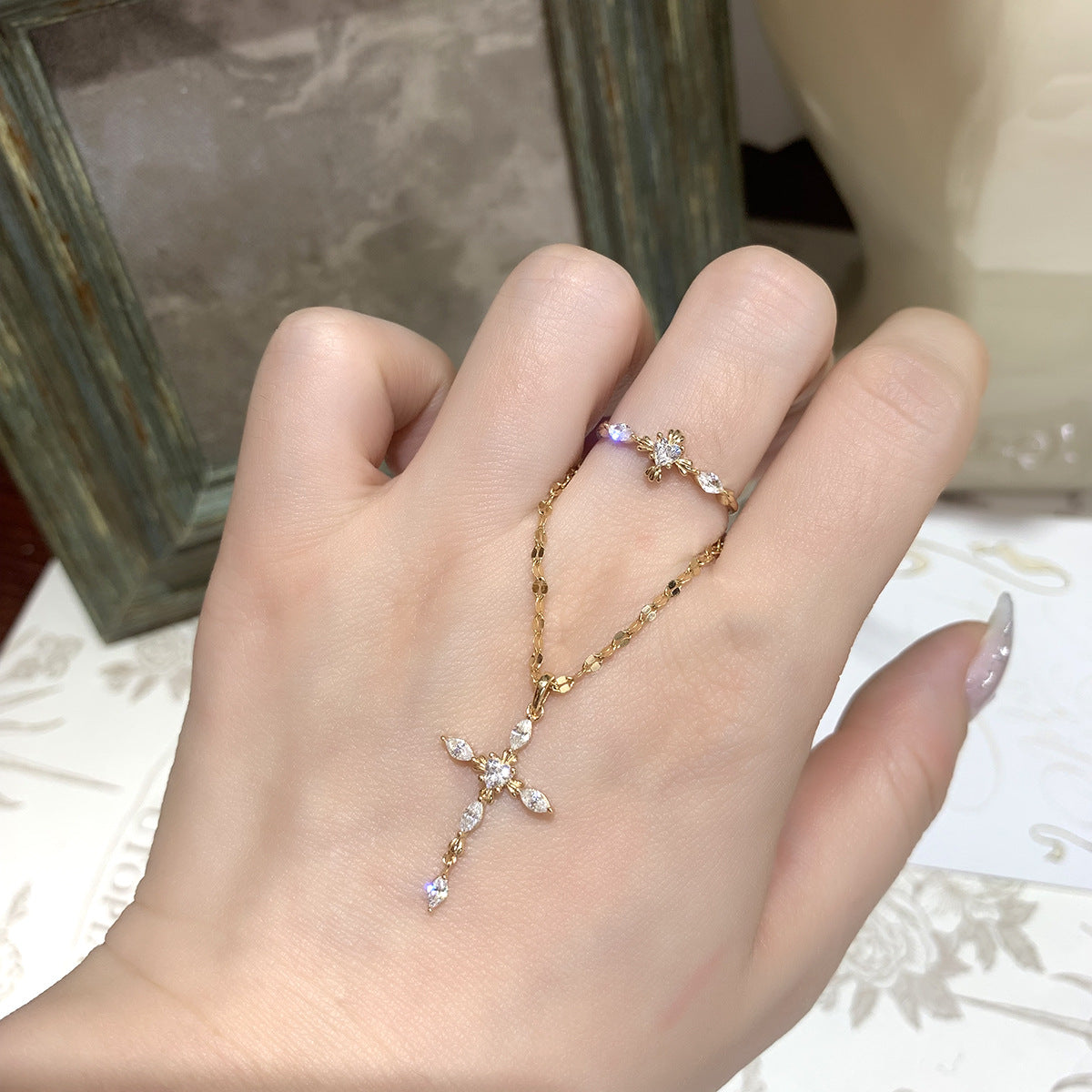 Dainty Marquise & Heart Cut Moissanite Cross Necklace