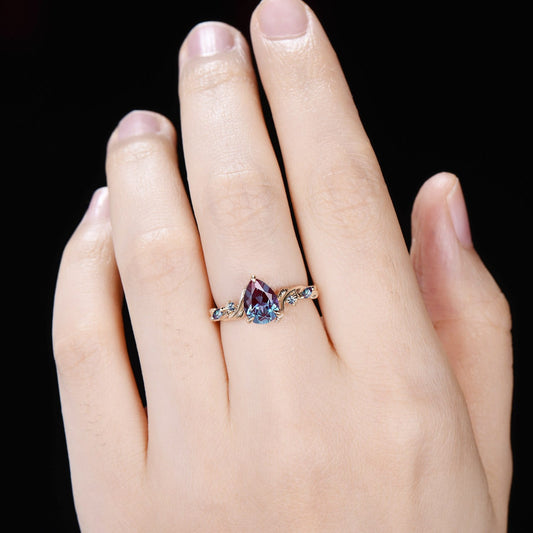 Nature Inspired Pear Shaped Alexandrite Engagement Ring | Twist Leaf Vine Marquise Wedding Promise Ring