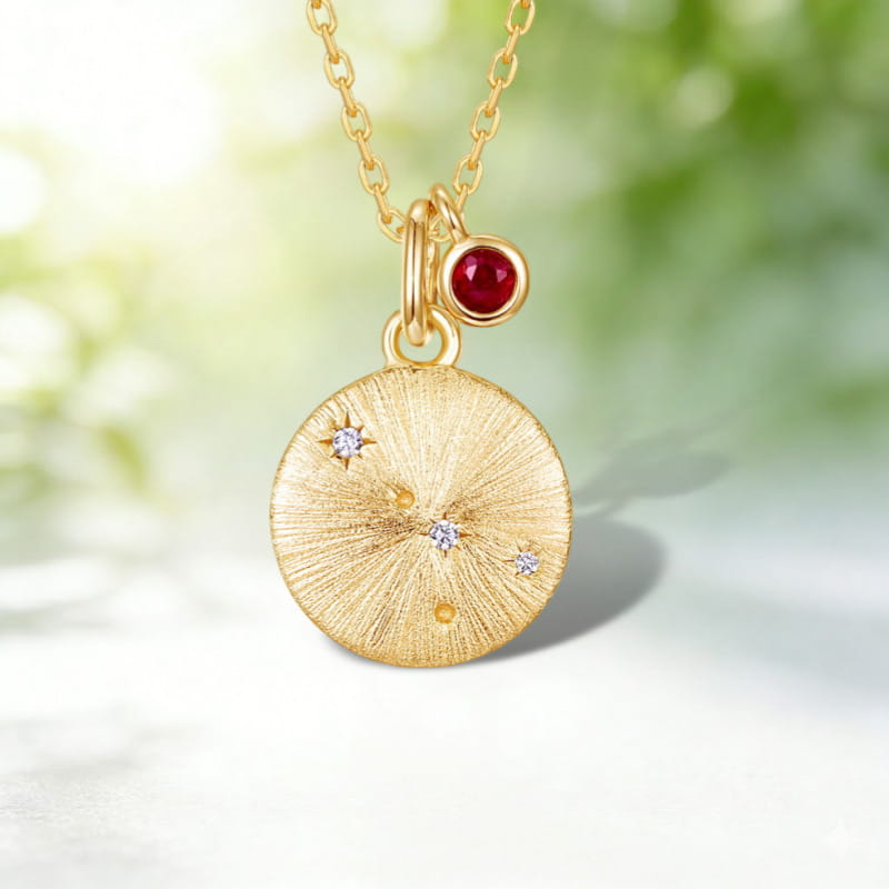 Cancer Constellation Necklace | Ruby Birthstone Zodiac Pendant | Brushed Gold Horoscope Coin Charm