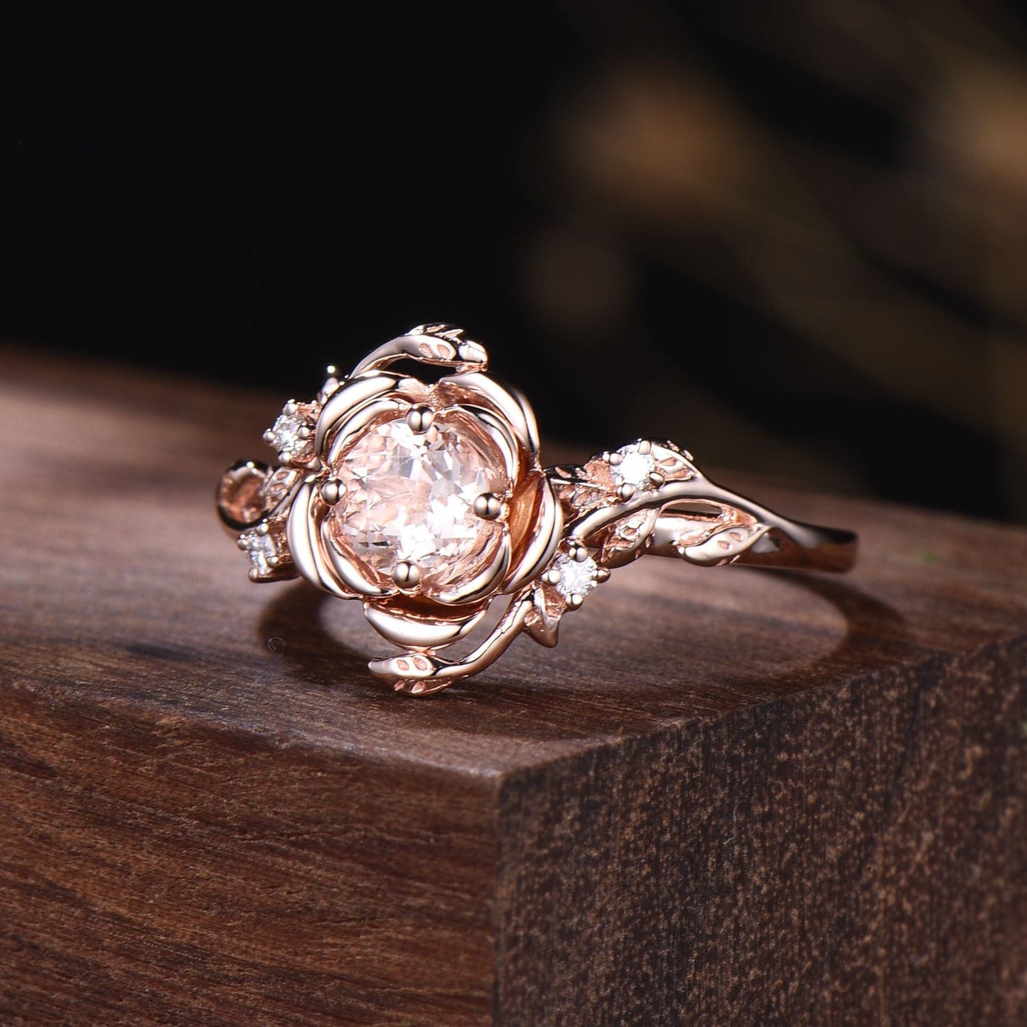 Floral Round Cut Morganite Engagement Ring Rose Gold Ring Nature Inspired Flower Ring
