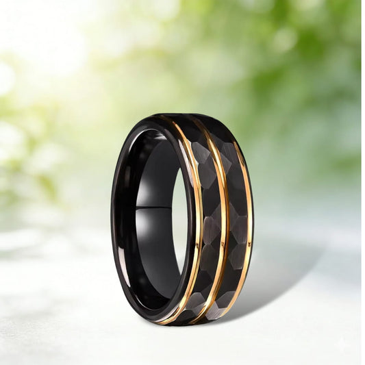 Men's 8mm Hammered Tungsten Carbide Ring | Two-Tone Step Design