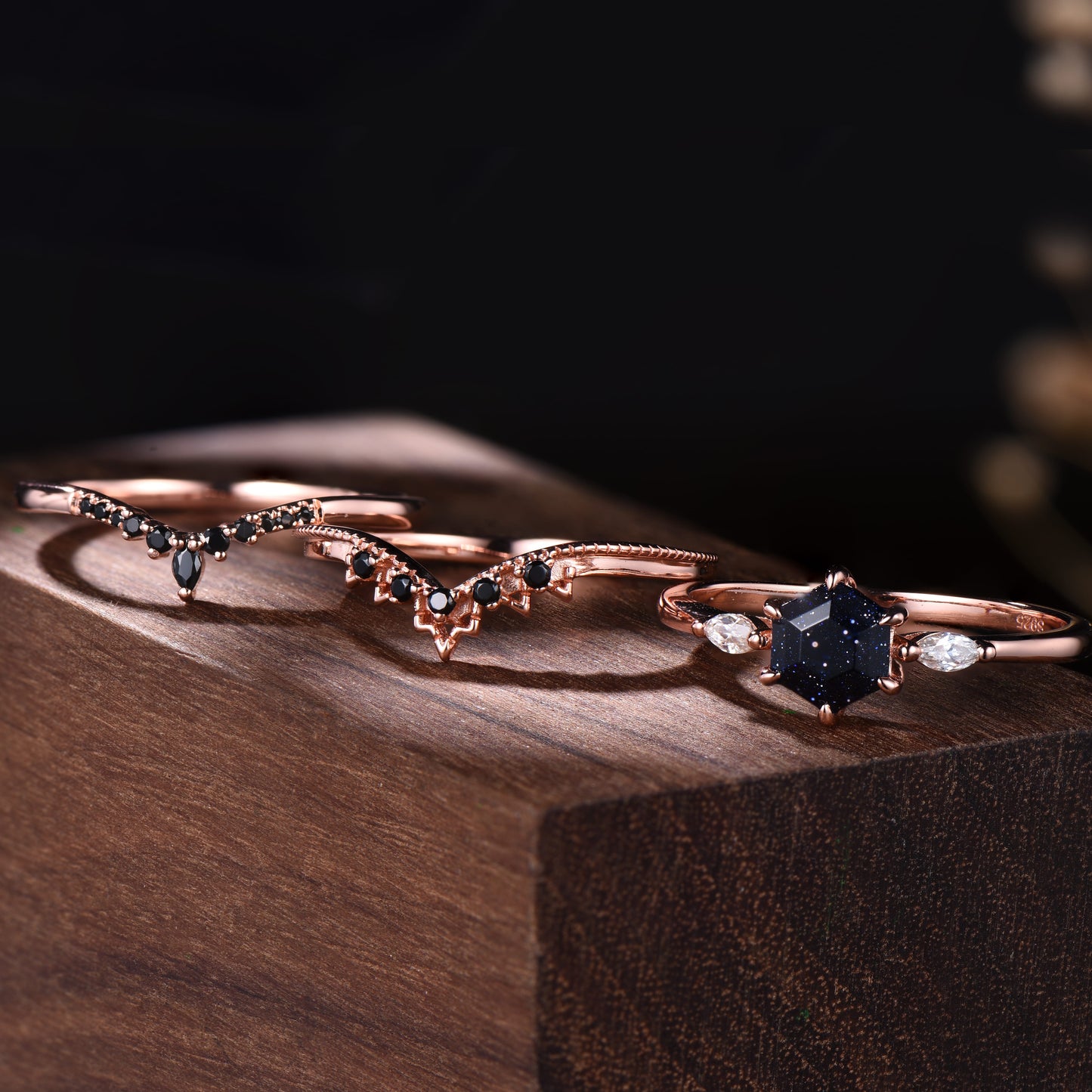 Dainty Hexagon Blue Sandstone Bridal Set | 3 Piece Rose Gold Art Deco Wedding Ring with Black Spinel Bands