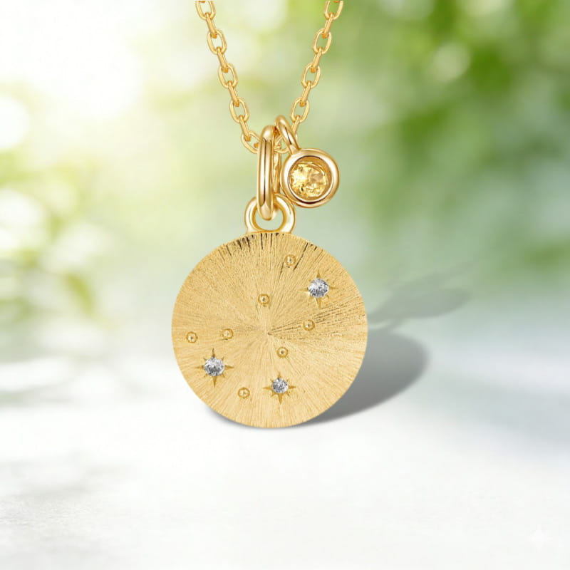 Scorpio Star Sign Necklace | Citrine Birthstone Zodiac Pendant | Brushed Gold Coin Astrology Charm