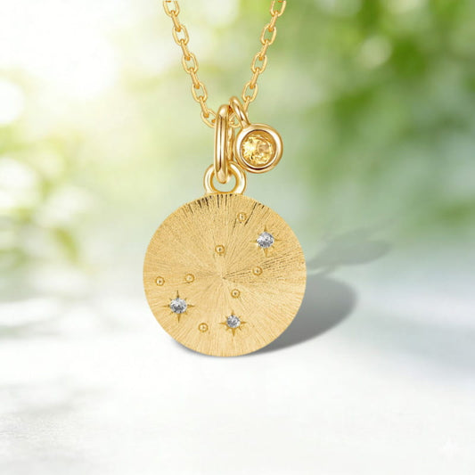 Scorpio Star Sign Necklace | Citrine Birthstone Zodiac Pendant | Brushed Gold Coin Astrology Charm