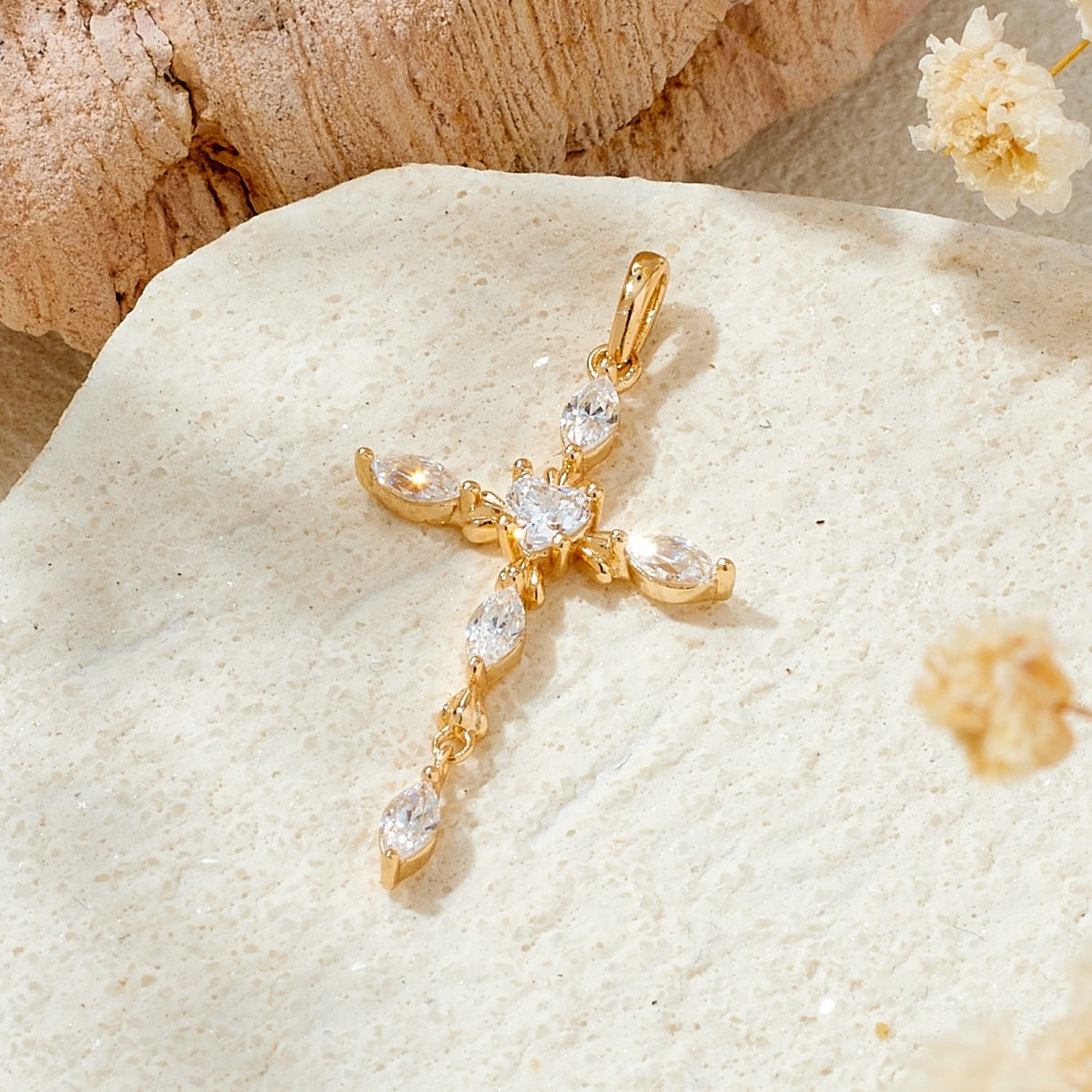 Dainty Marquise & Heart Cut Moissanite Cross Necklace