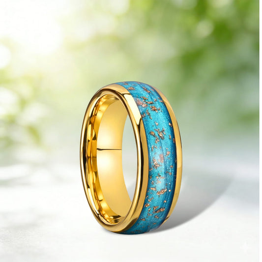 Cosmic 8mm Gold Tungsten Ring, Blue Nebula & Gold Flakes Inlay