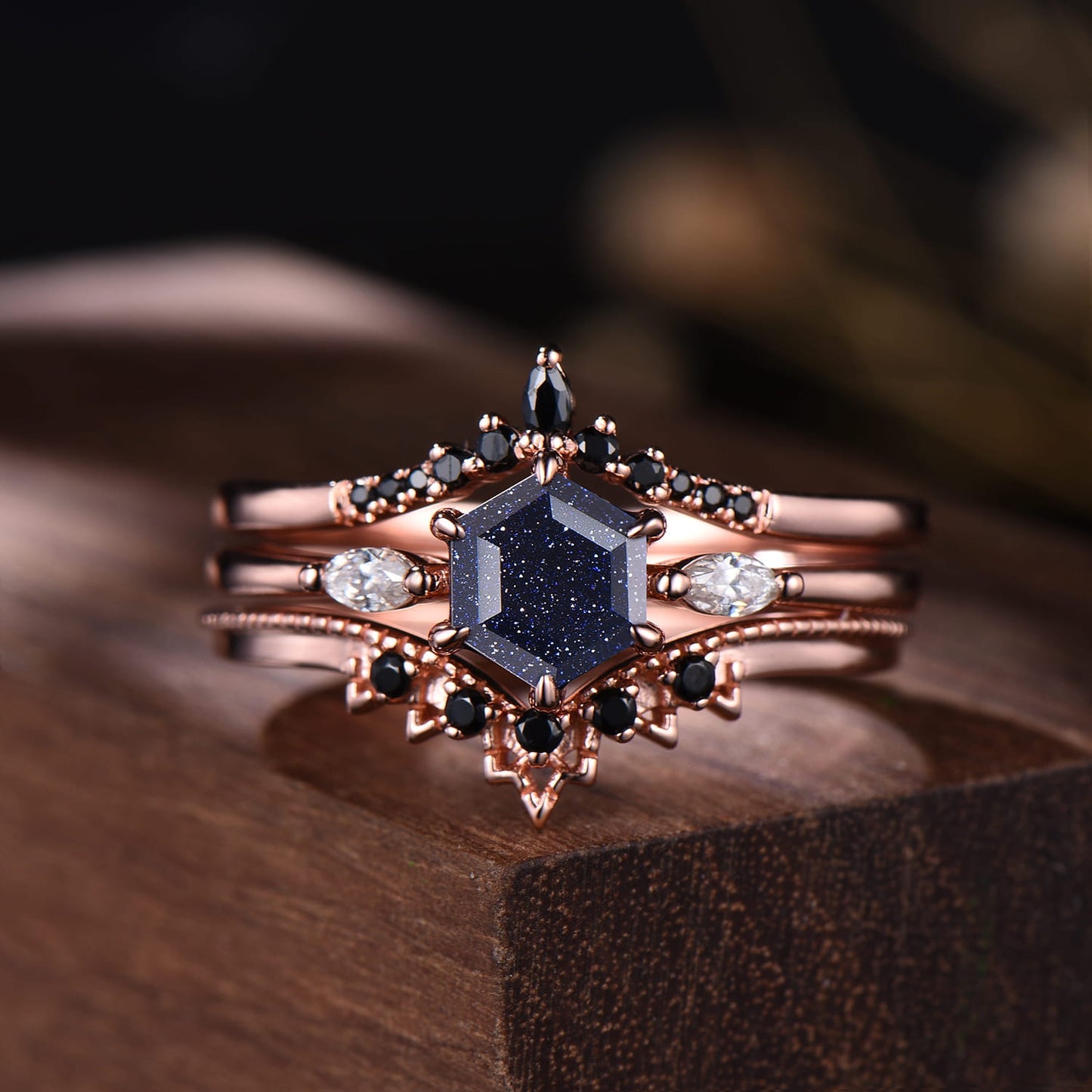 Dainty Hexagon Blue Sandstone Bridal Set | 3 Piece Rose Gold Art Deco Wedding Ring with Black Spinel Bands