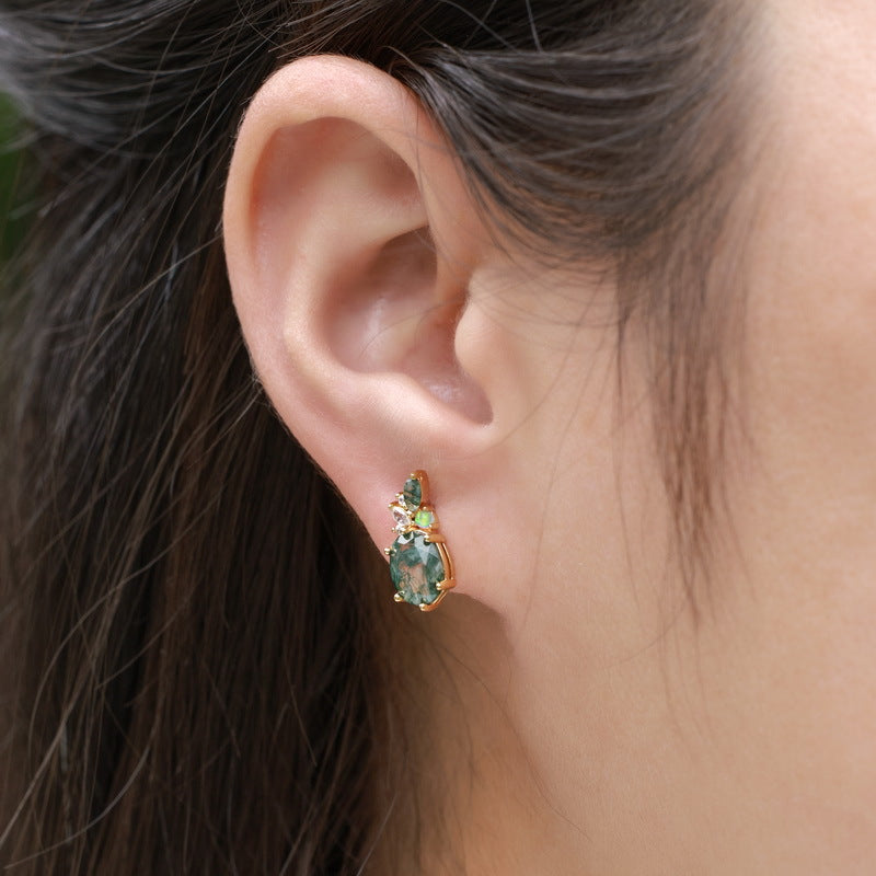 Oval Moss Agate Stud Earrings, Dainty Opal Cluster Jewelry, Botanical Ear Climbers, Forestcore Aesthetic Gift, Unique Bridesmaid Gift