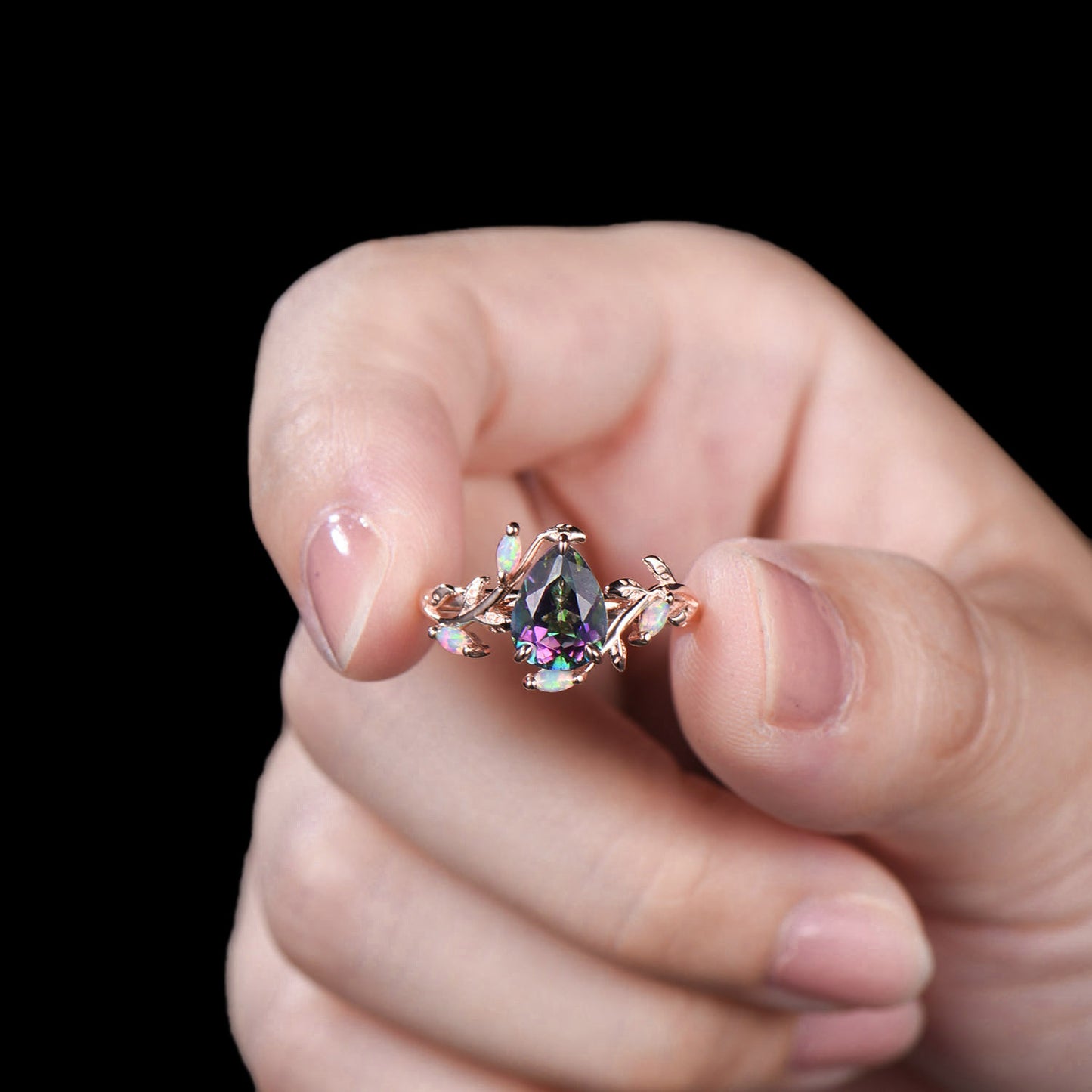 Nature Inspired Pear Shaped Mystic Topaz Ring Marquise Opal Twig Rainbow Topaz Engagement Ring Leaf Vine Rose Gold Anniversary Promise Gift