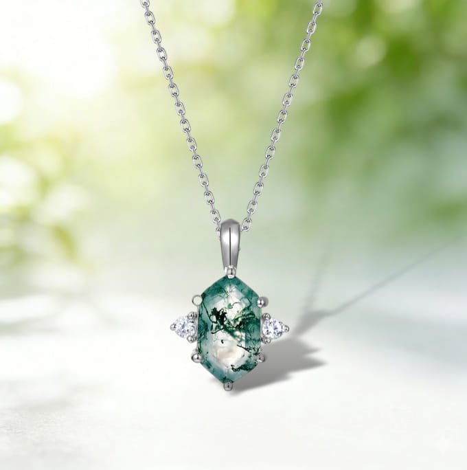 Hexagon Moss Agate Pendant Necklace- Three Stone