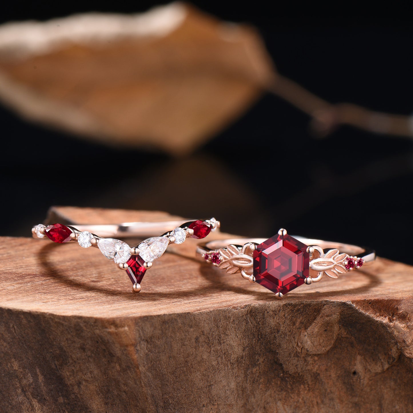 Unique Ruby Wedding Ring Set Cute 1CT Hexagon Cut Ruby Leaf Engagement Ring Moissanite Curved Matching Band Anniversary Gifts For Women
