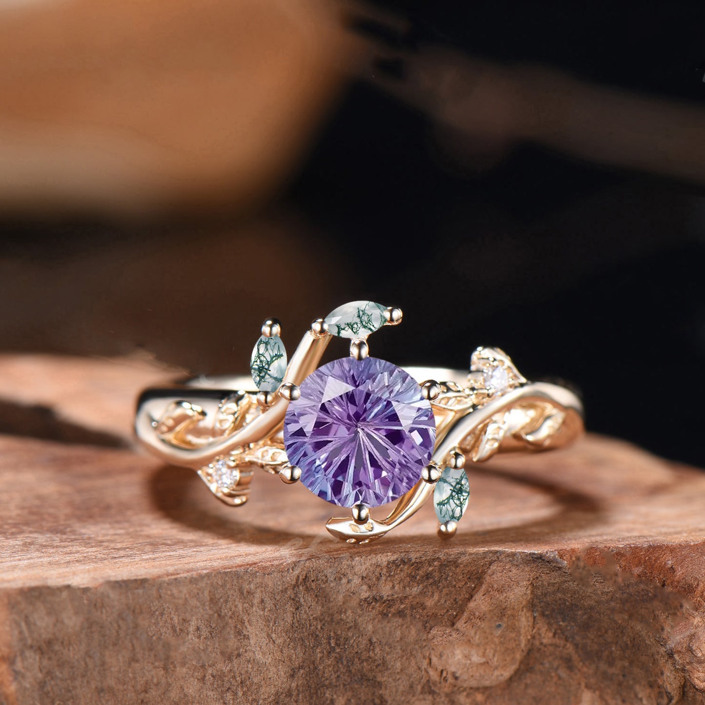 Special Round Shaped Firework Cut Color-change Alexandrite Engagement Ring Marquise Gems Twig Leaf Natural Inspired Ring Anniversary Gifts